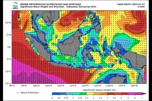 BMKG: Waspadai Potensi Gelombang Tinggi di Beberapa Perairan Indonesia - Badan Meteorologi Klimatologi, dan Geofisika (BMKG) mengimbau masyarakat pesisir untuk tetap waspada terhadap potensi gelombang tinggi yang diperkirakan mencapai enam meter di sejumlah perairan Indonesia pada tanggal 27-28 Juli 2023.