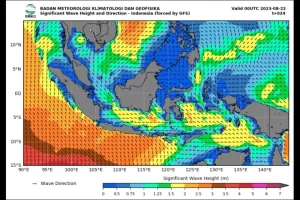 Peringatan BMKG Gelombang Tinggi hingga 6 Meter di Perairan Indonesia - Badan Meteorologi Klimatologi, dan Geofisika (BMKG) mengeluarkan peringatan kepada masyarakat pesisir terkait potensi gelombang tinggi dengan ketinggian hingga enam meter yang dapat terjadi di sejumlah wilayah perairan pada tanggal 22-23 Agustus 2023.